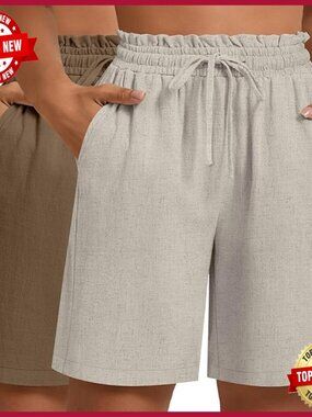 Plus Size Linen Bermuda Shorts 2 Pack High Waisted with Pockets